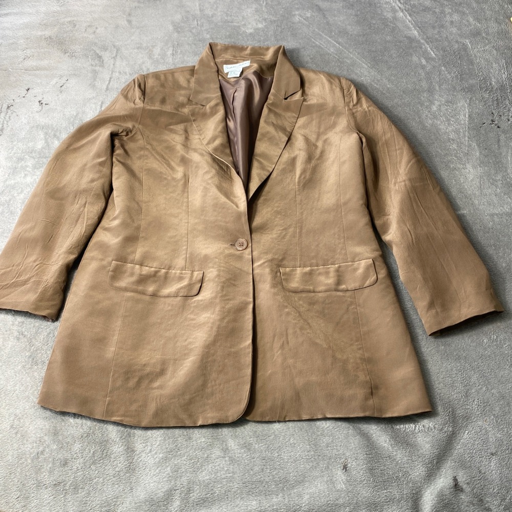 100% Silk Stephanie Andrews Blazer Womens 10 Brown Single Button Flap Pockets